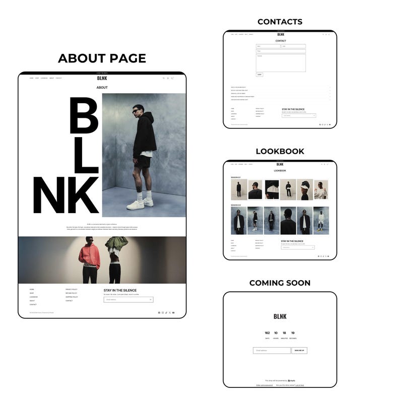May include: A website mockup with the word "BLNK" in large, bold, black letters. The "About Page" shows a person in black clothing. Other pages include "Contacts", "Lookbook", and "Coming Soon".