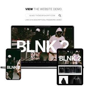 May include: A website demo displayed on a desktop computer, tablet, and smartphone. The website features the text "BLNK 2" in large white letters. The website's URL and password for the demo are also displayed.