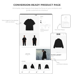 May include: A website mockup showcasing a conversion-ready product page. The design features a minimalist layout with a black t-shirt, a black jacket, and other apparel items. The page includes a size chart popup and a low stock indicator.