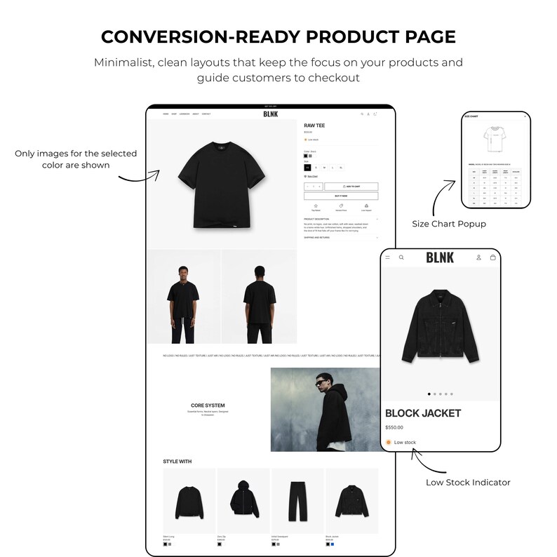 May include: A website mockup showcasing a conversion-ready product page. The design features a minimalist layout with a black t-shirt, a black jacket, and other apparel items. The page includes a size chart popup and a low stock indicator.