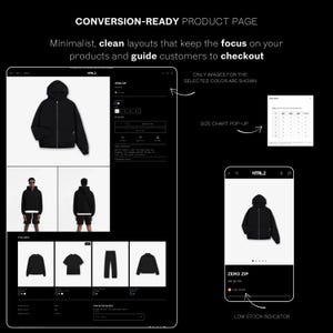 May include: A product page mockup featuring a black hooded zip-up jacket on a computer and a phone. Text includes "CONVERSION-READY PRODUCT PAGE" and "ZERO ZIP". The design highlights minimalist layouts to guide customers.