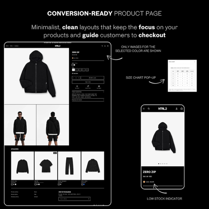 May include: A product page mockup featuring a black hooded zip-up jacket on a computer and a phone. Text includes "CONVERSION-READY PRODUCT PAGE" and "ZERO ZIP". The design highlights minimalist layouts to guide customers.