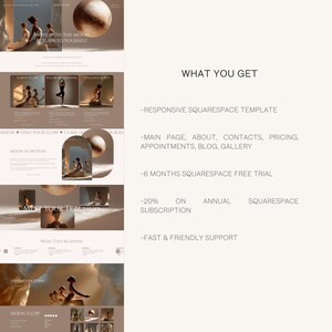 May include: A website design layout with a soft, neutral color palette. The design includes images of people in yoga poses, with text overlaying the images. Text includes "MOVE WITH THE MOON" and "RETURN TO YOURSELF". The layout also includes the text "WHAT YOU GET".