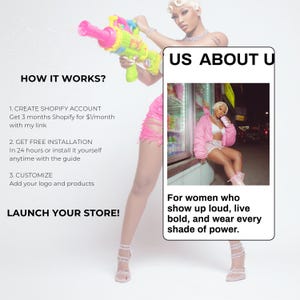 May include: A promotional image featuring a person holding a water gun. Text includes "HOW IT WORKS?" and "LAUNCH YOUR STORE!" with steps to create a Shopify account. A smaller image shows a person in a pink outfit.