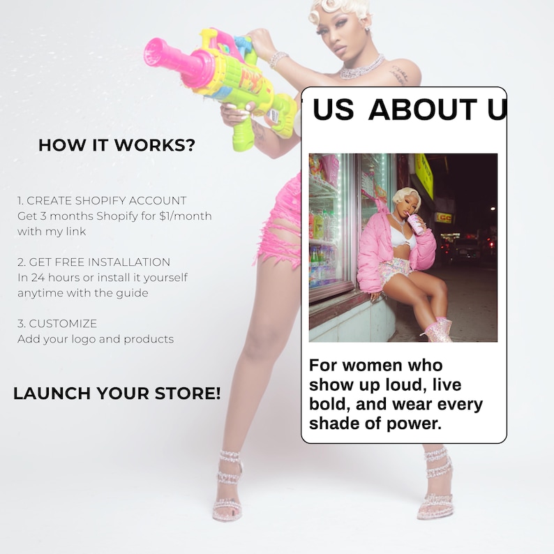 May include: A promotional image featuring a person holding a water gun. Text includes "HOW IT WORKS?" and "LAUNCH YOUR STORE!" with steps to create a Shopify account. A smaller image shows a person in a pink outfit.