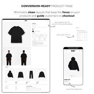 May include: A product page mockup with a minimalist design. The page features a black t-shirt, a black zip-up jacket, and other clothing items. Text includes "CONVERSION-READY PRODUCT PAGE" and "ZERO ZIP". The layout is designed to guide customers to checkout.