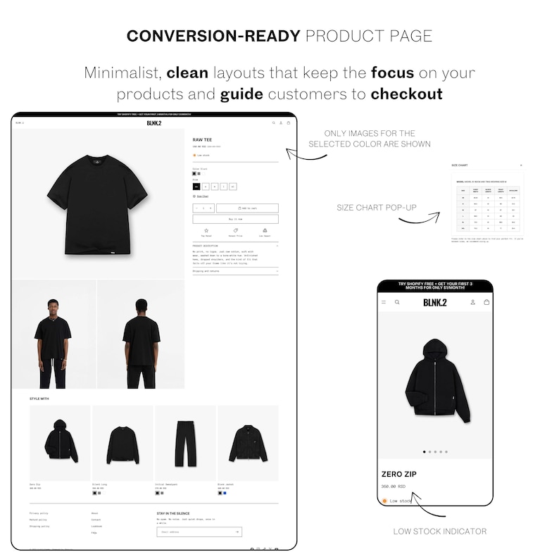 May include: A product page mockup with a minimalist design. The page features a black t-shirt, a black zip-up jacket, and other clothing items. Text includes "CONVERSION-READY PRODUCT PAGE" and "ZERO ZIP". The layout is designed to guide customers to checkout.