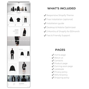 May include: A smartphone screen displays a website showcasing clothing. The website features images of hoodies, sweatshirts, t-shirts, and jackets. Text on the right lists features like a responsive Shopify theme, installation guide, and various page links.