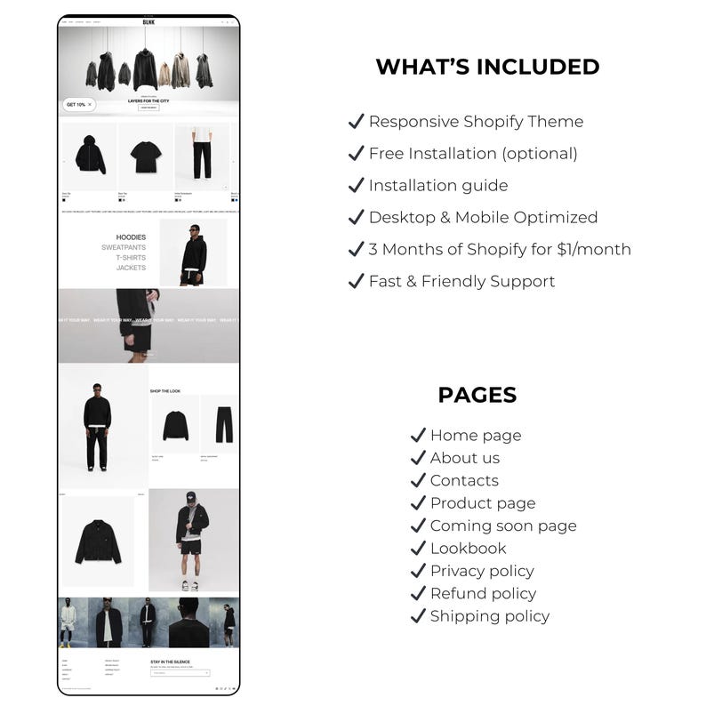 May include: A smartphone screen displays a website showcasing clothing. The website features images of hoodies, sweatshirts, t-shirts, and jackets. Text on the right lists features like a responsive Shopify theme, installation guide, and various page links.