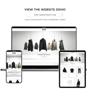 May include: A digital display showcasing a website on a laptop, smartphone, and tablet. The website features apparel, including hoodies and jackets. The text "LAYERS FOR THE CITY" is visible. The website address is blnk-theme.myshopify.com.