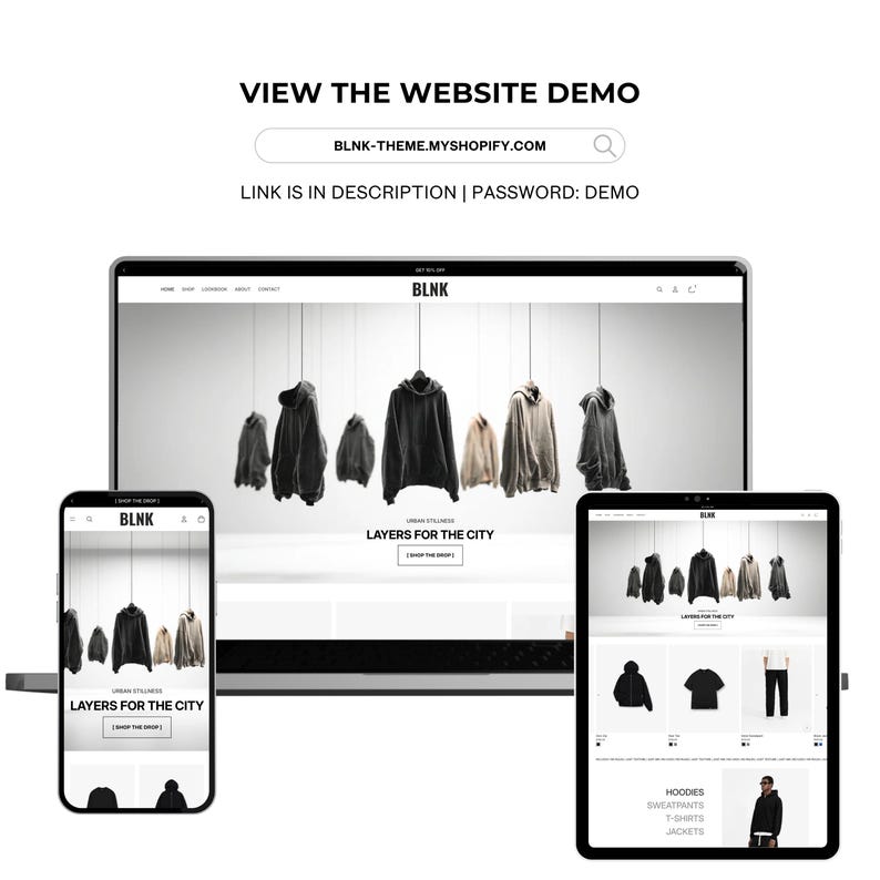 May include: A digital display showcasing a website on a laptop, smartphone, and tablet. The website features apparel, including hoodies and jackets. The text "LAYERS FOR THE CITY" is visible. The website address is blnk-theme.myshopify.com.