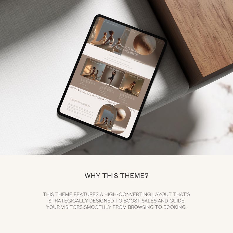 May include: A digital tablet displays a website with a yoga and wellness theme. The screen shows images of yoga poses and the text "MOVE WITH THE MOON" and "TURN TO YOURSELF". The tablet is on a white surface.