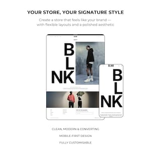 May include: A digital mockup of a website design on a tablet and smartphone. The website displays the word "BLNK" in large, bold, black letters. The design includes images of people wearing clothing. Text at the bottom reads "CLEAN, MODERN & CONVERTING".