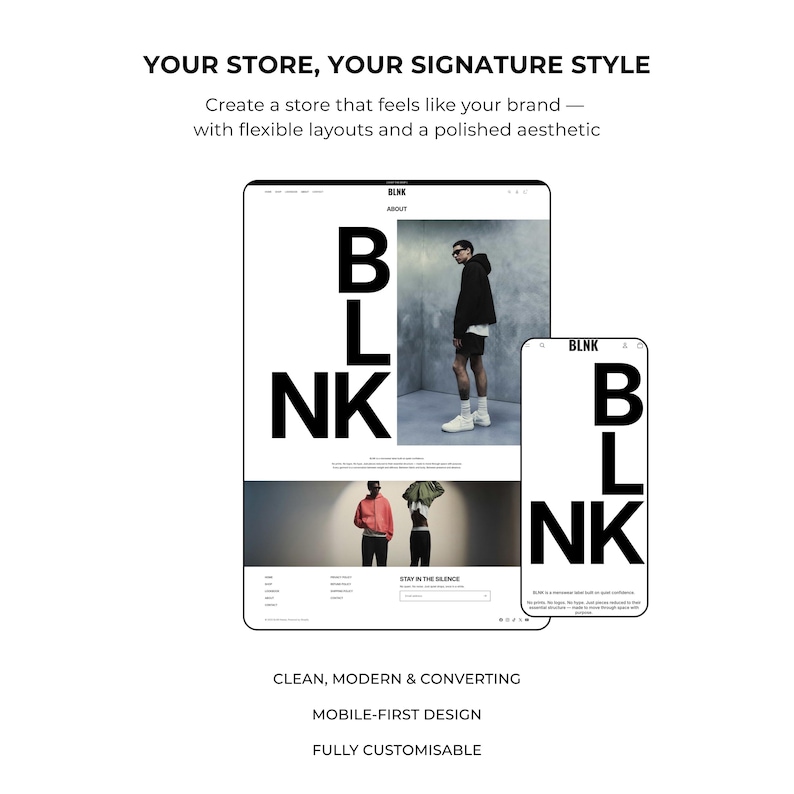 May include: A digital mockup of a website design on a tablet and smartphone. The website displays the word "BLNK" in large, bold, black letters. The design includes images of people wearing clothing. Text at the bottom reads "CLEAN, MODERN & CONVERTING".