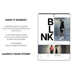 May include: A website mockup with the word "BLNK" in large, bold, black letters. The image includes the text "HOW IT WORKS?" and "LAUNCH YOUR STORE!" along with steps to create a Shopify account and customize a store.
