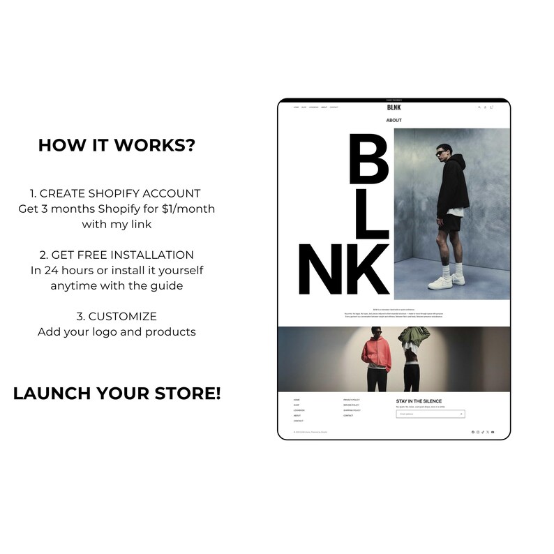 May include: A website mockup with the word "BLNK" in large, bold, black letters. The image includes the text "HOW IT WORKS?" and "LAUNCH YOUR STORE!" along with steps to create a Shopify account and customize a store.
