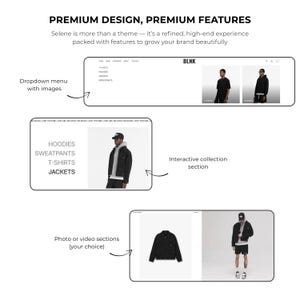 May include: A website design layout with the text "PREMIUM DESIGN, PREMIUM FEATURES". The design includes a dropdown menu, interactive collection section, and photo/video sections. The website showcases clothing items like hoodies, sweatpants, t-shirts, and jackets.