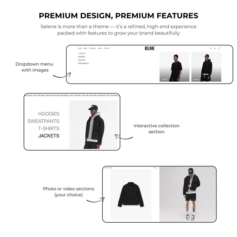 May include: A website design layout with the text "PREMIUM DESIGN, PREMIUM FEATURES". The design includes a dropdown menu, interactive collection section, and photo/video sections. The website showcases clothing items like hoodies, sweatpants, t-shirts, and jackets.