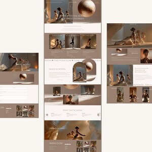 May include: A website design with a warm, neutral color palette. The layout features images of yoga poses, celestial bodies, and text including "MOVE WITH THE MOON RETURN TO YOURSELF" and "MOON FLOW". The design promotes a sense of tranquility and wellness.