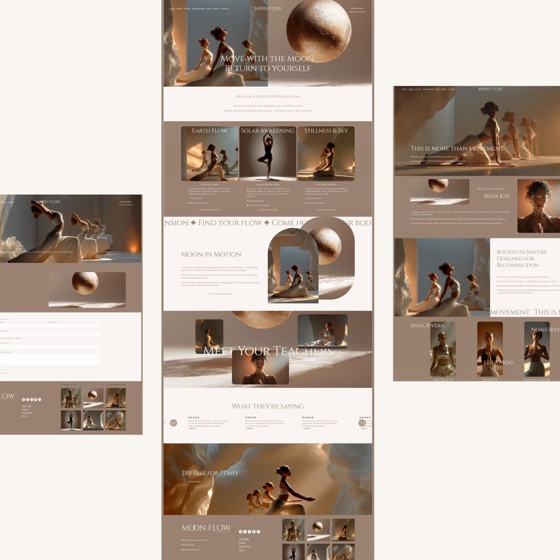 May include: A website design with a warm, neutral color palette. The layout features images of yoga poses, celestial bodies, and text including "MOVE WITH THE MOON RETURN TO YOURSELF" and "MOON FLOW". The design promotes a sense of tranquility and wellness.