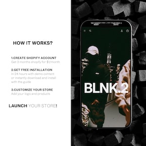 May include: A smartphone screen displays the text "BLNK.2" over a blurred image of people. The screen is set against a black and white background with text that reads "HOW IT WORKS?" and instructions on creating a Shopify account, getting free installation, and customizing a store.