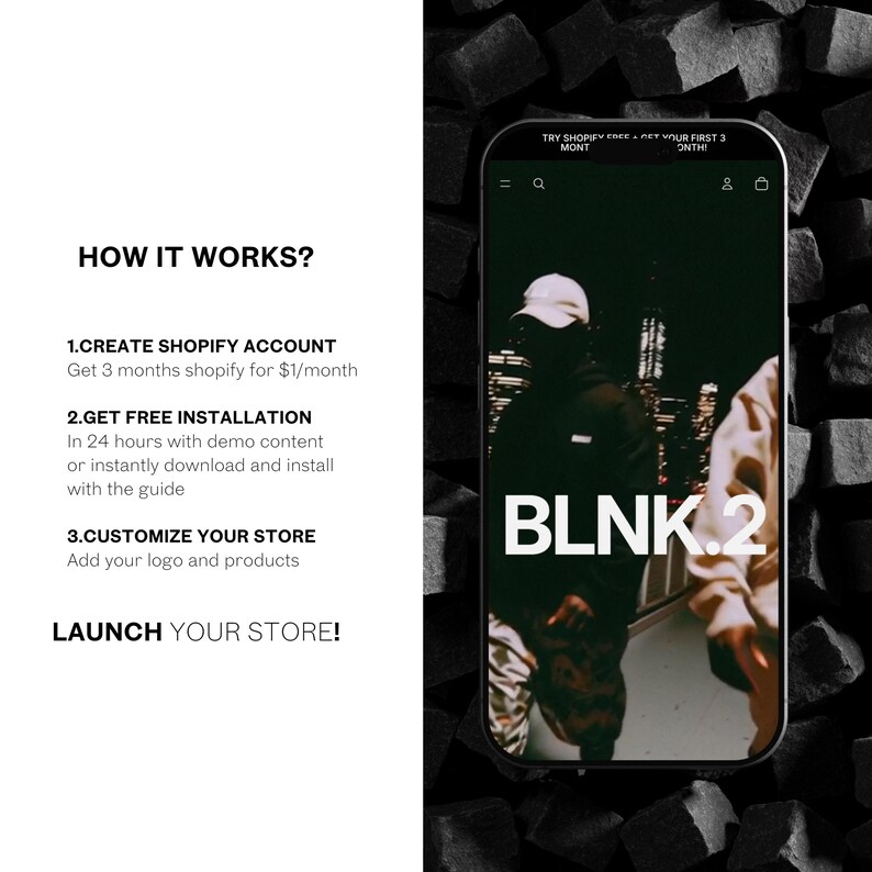 May include: A smartphone screen displays the text "BLNK.2" over a blurred image of people. The screen is set against a black and white background with text that reads "HOW IT WORKS?" and instructions on creating a Shopify account, getting free installation, and customizing a store.