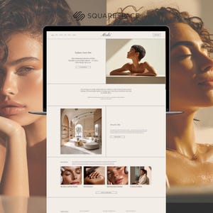 Puede incluir: Una pantalla de portátil muestra un sitio web con el logotipo de Squarespace. El sitio web presenta un diseño minimalista con imágenes de personas y texto. El tema del sitio web parece estar relacionado con la belleza y el cuidado de la piel.
