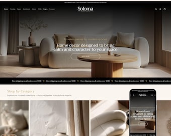 Puede incluir: Maqueta de sitio web para un tema de Shopify de decoración del hogar. El diseño presenta una paleta de colores neutros con un sofá, una mesa de centro y objetos decorativos. El texto dice "Home decor designed to bring calm and character to your space."