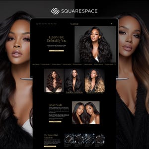 May include: A website interface for "Noah Hair" is displayed on a tablet, showcasing luxury hair extensions. The site features images of women with long, flowing hair, and sections titled "Luxury Hair, Defined By You," "Seamless Extensions," and "The Natural Black Collection."