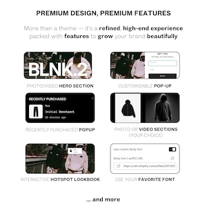 May include: A promotional graphic with the text "PREMIUM DESIGN, PREMIUM FEATURES." It showcases website features like a photo/video hero section, customizable pop-up, and interactive hotspot lookbook. The graphic also highlights the ability to use a favorite font.