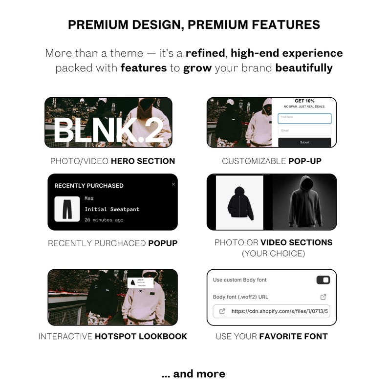 May include: A promotional graphic with the text "PREMIUM DESIGN, PREMIUM FEATURES." It showcases website features like a photo/video hero section, customizable pop-up, and interactive hotspot lookbook. The graphic also highlights the ability to use a favorite font.