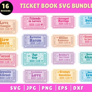 Könnte beinhalten: Ein digitales Design-Bundle mit 16 Ticket-Designs mit Sätzen wie "Love Triangle" und "Fake Dating". Jedes Ticket hat ein einzigartiges Farbschema und die Worte "Book Club" und "Lifetime Membership".