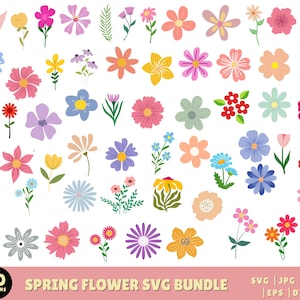 May include: A collection of 60 colorful spring flower designs in various shapes and sizes. The flowers are in shades of pink, yellow, blue, and purple, with green leaves. Text at the bottom reads "SPRING FLOWER SVG BUNDLE".