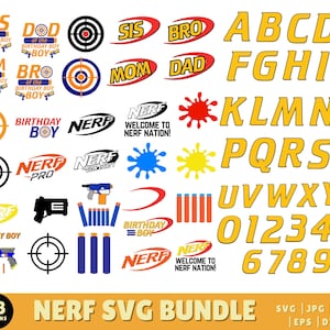 May include: A digital graphic bundle featuring various Nerf-themed designs. Includes logos, targets, text elements like "Birthday Boy," and the alphabet and numbers in a bold, yellow font. Also includes Nerf gun and dart graphics.