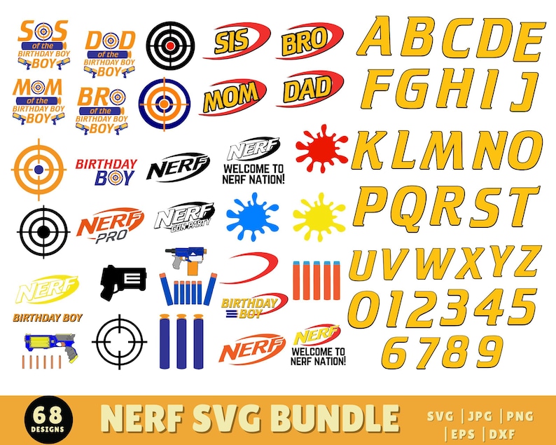 May include: A digital graphic bundle featuring various Nerf-themed designs. Includes logos, targets, text elements like "Birthday Boy," and the alphabet and numbers in a bold, yellow font. Also includes Nerf gun and dart graphics.
