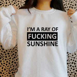 May include: White sweatshirt with the text "I'M A RAY OF FUCKING SUNSHINE" in black block letters. The text is centered within a black rectangle. The sweatshirt has long sleeves and a crew neck.