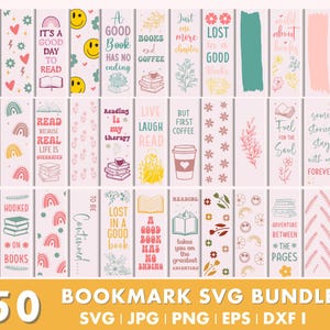 Puede incluir: Un conjunto de 50 marcapáginas decorativos con diversos diseños y citas. Los marcapáginas presentan ilustraciones florales, arcoíris y temáticas de libros, con frases como «Lee más libros» y «Aventura entre las páginas». El paquete incluye archivos SVG, JPG, PNG, EPS y DXF.