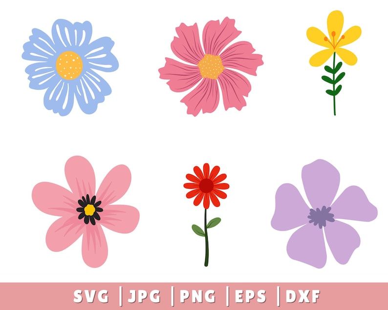 May include: A collection of six colorful, cartoon-style flowers in various shapes and colors, including blue, pink, yellow, and red. The flowers have yellow or black centers and green stems. The bottom of the image displays the text "SVG | JPG | PNG | EPS | DXF".