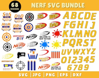 68 Nerf SVG-bundel, hoge kwaliteit Nerf PNG, verjaardag Svg, Shirt Design, Svg voor Cricut, Instant Download, Nerf Gun SVG, Nerf Clipart