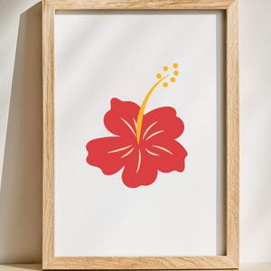 May include: A framed print featuring a stylized red hibiscus flower with a yellow stamen and a white background. The flower is centered in the frame, which has a light wood finish. The artwork is a vibrant piece of botanical art.