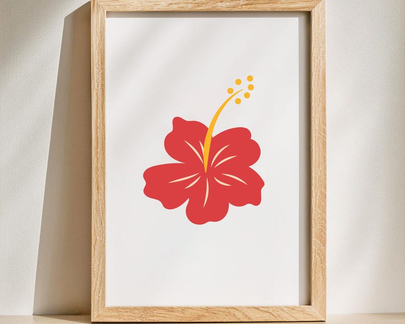 May include: A framed print featuring a stylized red hibiscus flower with a yellow stamen and a white background. The flower is centered in the frame, which has a light wood finish. The artwork is a vibrant piece of botanical art.