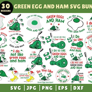 以下が含まれることがあります： 「グリーンエッグスアンドハム」の子供向けの本からイラストとテキストをフィーチャーした、30のデジタルデザインのセットです。デザインには、「グリーンエッグスアンドハムが大好き」や「サムアイアム、私は好きじゃない」などのフレーズが含まれています。