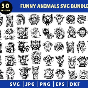 May include: A black and white SVG bundle featuring 50 funny animal designs. Each design showcases a different cartoon animal with exaggerated expressions. The text "FUNNY ANIMALS SVG BUNDLE" is at the top, with file type options at the bottom.