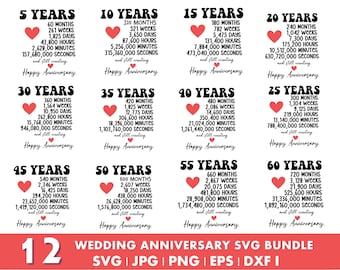 May include: A digital graphic bundle featuring 12 wedding anniversary designs. Each design displays the number of years, months, weeks, days, hours, minutes, and seconds, with a heart icon and the text "Happy Anniversary."