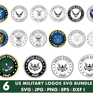 Puede incluir: Una colección de 16 logotipos militares estadounidenses en varios diseños. Los logotipos presentan los emblemas de la Fuerza Aérea, la Marina, la Guardia Costera y el Ejército. Los logotipos tienen forma circular con las palabras "United States" y el nombre de la rama. La imagen también incluye el texto "US Military Logos SVG Bundle".