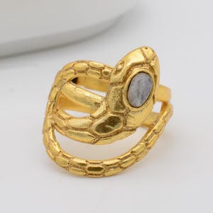 Gold Snake Wrap Ring with Grey Crystal | Serpent Ring | Gold Snake Ring with Gemstone | Gold Serpent Ring | Protective Jewelry