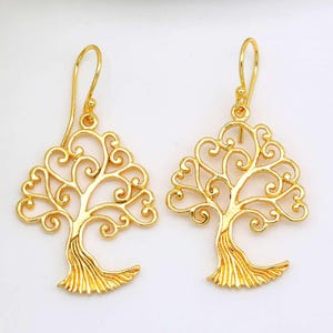 Goldbaum des Lebens Ohrringe - 18K vergoldeter Messingschmuck, spirituelles Geschenk für sie, leichte handgefertigte Naturohrringe, Goldbaumohrringe