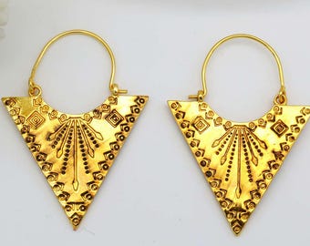 Triangle Hoop Earrings | Tribal Aztec Earrings | Ethnic Jewelry | Bohemian Earrings | Gold Tribal Earrings | Ethnic Festival Jewelry