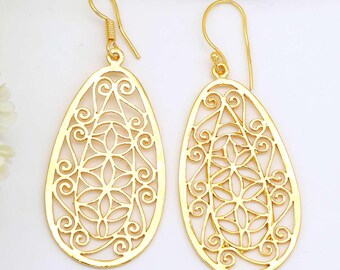 Orecchini Pendenti In Filigrana Oro Con Perle – Design Vintage Boho, Fatto A Mano