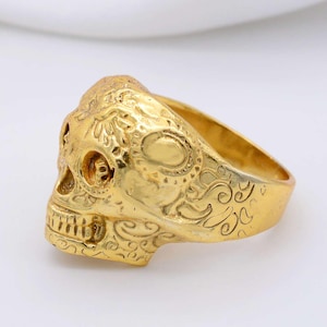Skull of Life Ring | Gold Plated Sugar Skull Ring | Día de los Muertos Inspired Ring | Memento Mori Statement Jewelry | Gothic Gift